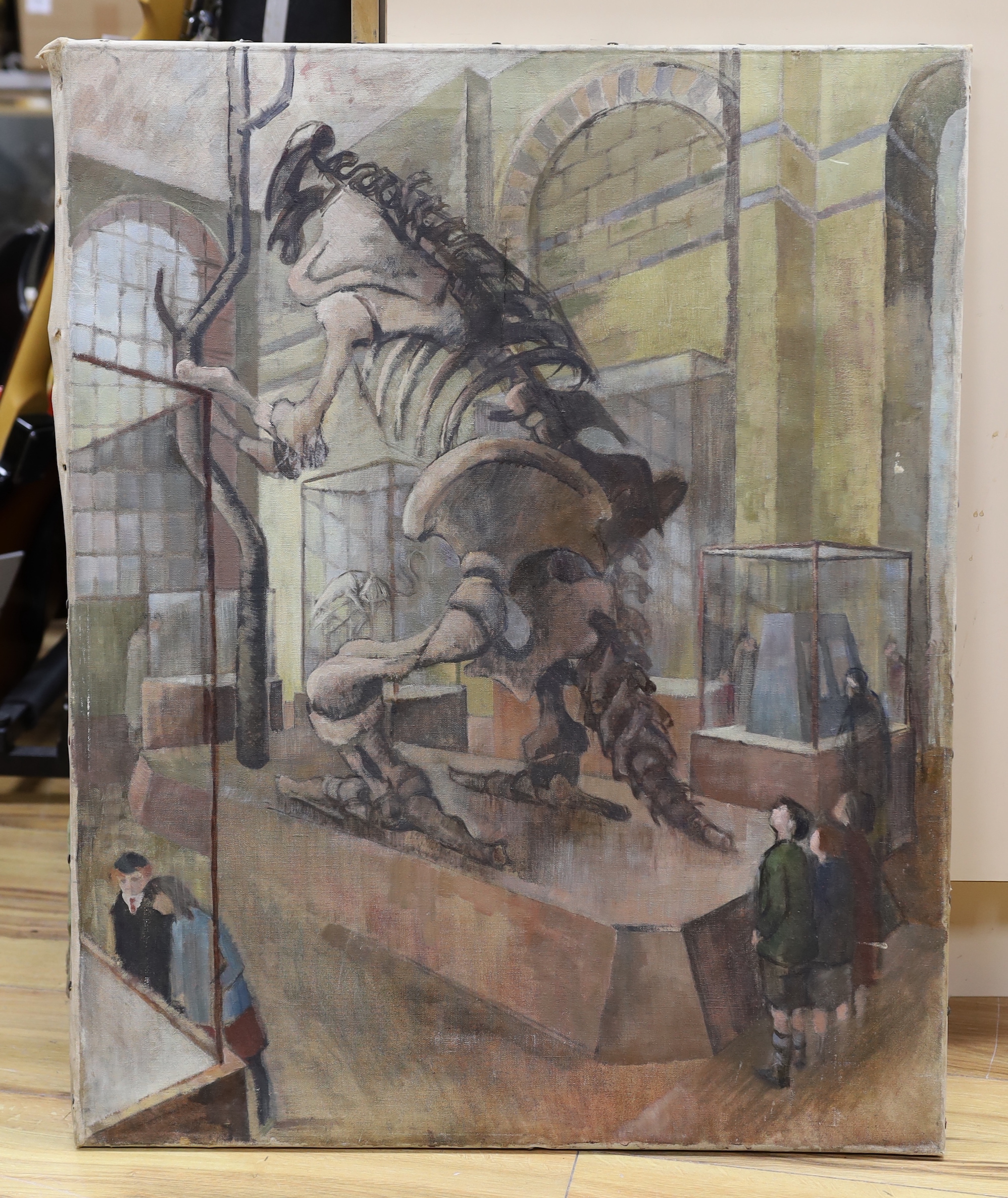 Modern British, oil on canvas, Dinosaur skeleton in a museum, a sketch of a house verso, 76 x 61cm, unframed